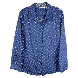 Isaac Mizrahi Live Plus Size 14 Top Button Down Blouse Polka Dot Blue White 1256
